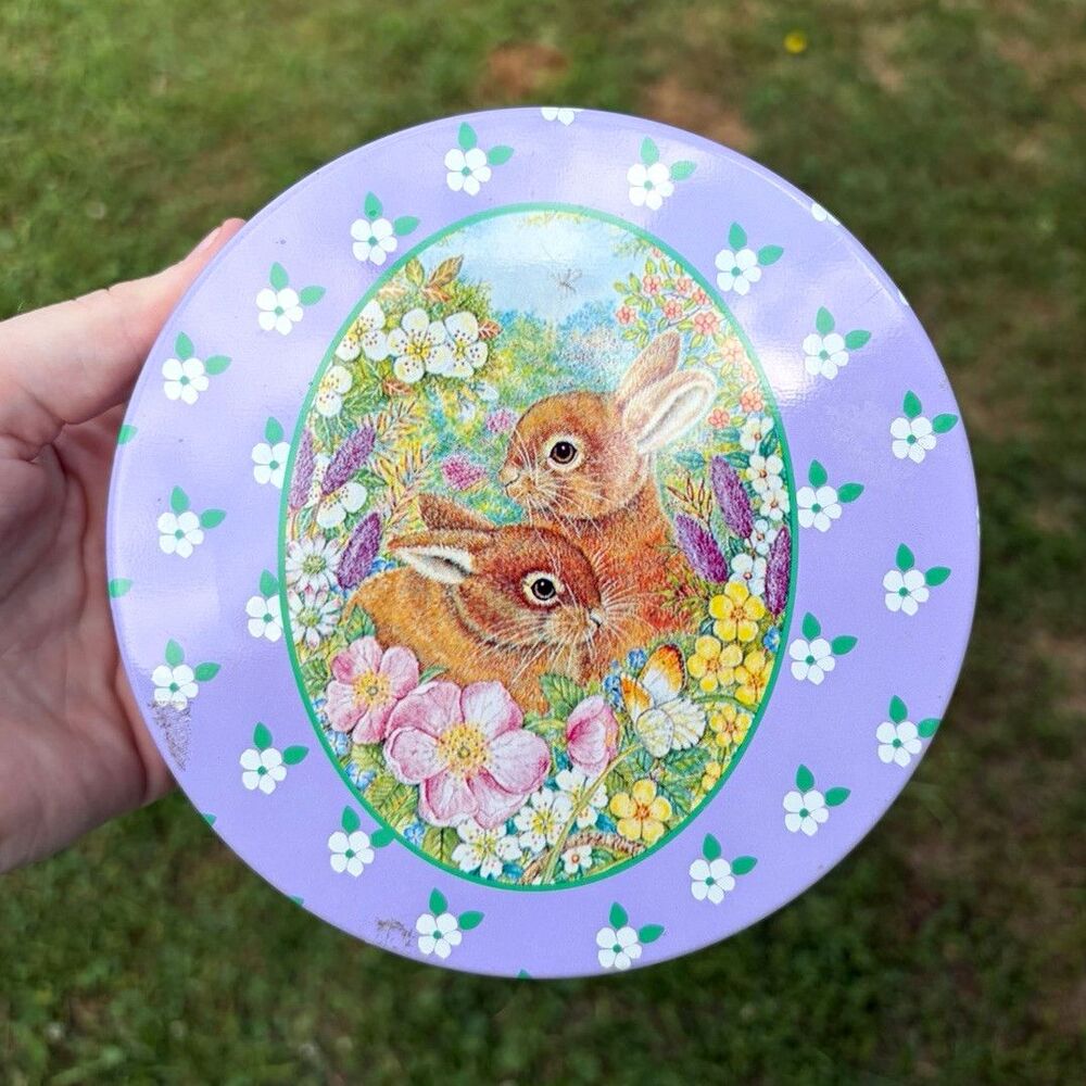Purple Multicolor Rabbit & Floral Round Collectible Advertising Tin with Lid
